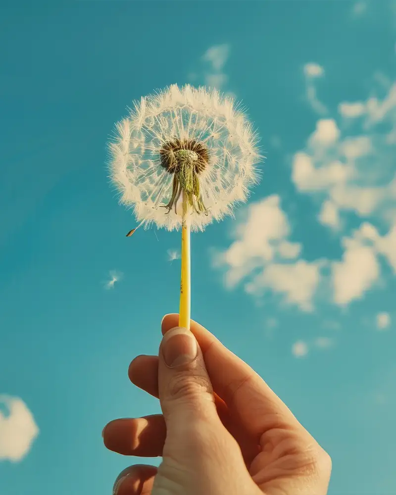 Hand hält Löwenzahn und hält ihn zum blauen Himmel